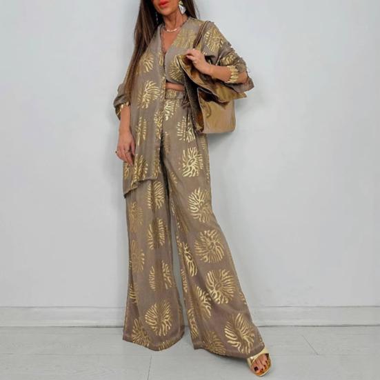 

Жіночі костюми-двійки з великим принтом, сорочка на ґудзиках з довгим рукавом, комплект штанів з широкими штанинами на гумці, повсякденний домашній костюм XL хакі