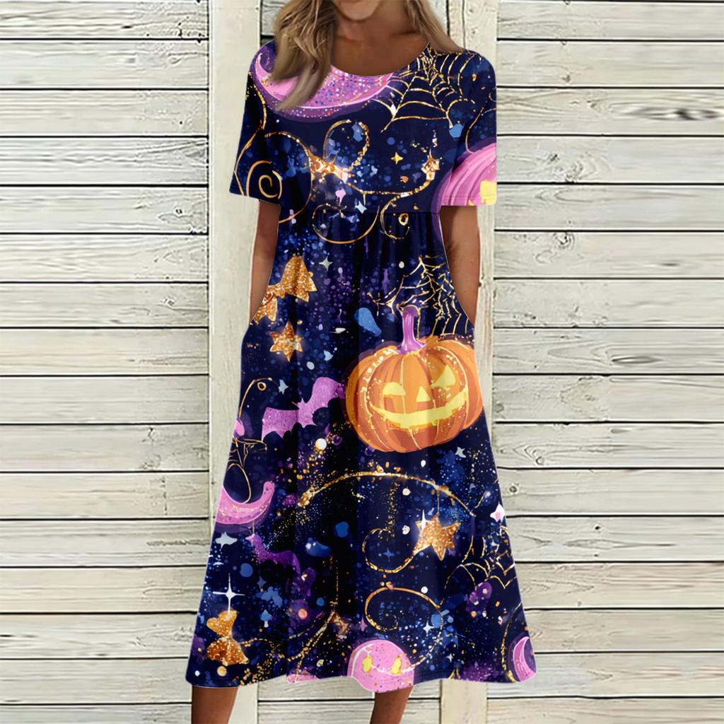 Women's Casual Halloween Print Patchwork Dress Short Sleeve Round Neck Pocket Midi Dress Loose Fit Comfortable Everyday Wear