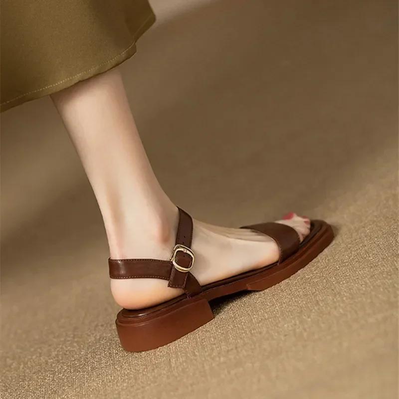 Fashion Summer Flat Sandals Women Ankle-Wrap Open Toe Square Low Heel Shoes Slingback Anti-slip Soft Sole Sandals Sandalias De Mujer