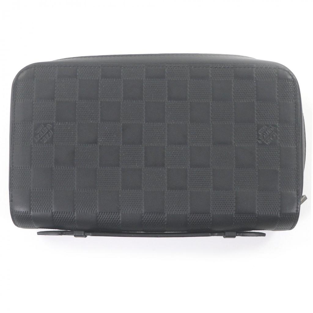 Great LOUIS VUITTON Purse Damier Anfini Zip Around black leather mens N61254 Used