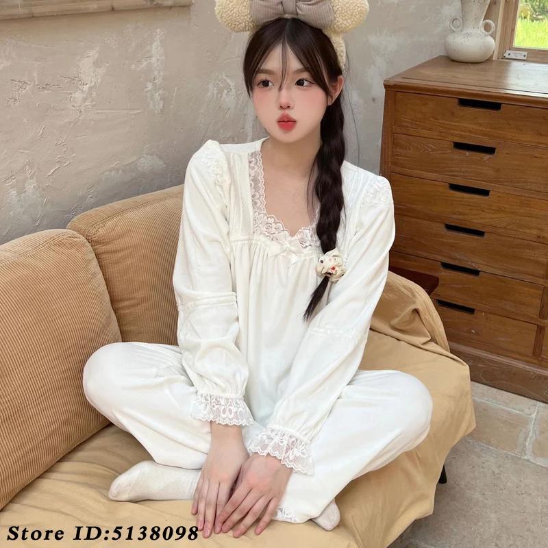 

Милая женская пижама из 2 предметов с кружевной отделкой в стиле принцессы, теплая ночная рубашка из бархата Island, домашняя одежда, топ и брюки, домашняя одежда XL белый