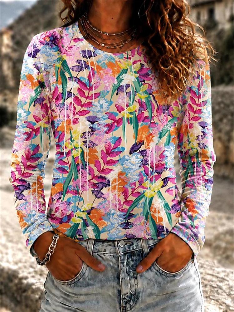 2026 Herbst Neues Damen Langarm Rundhals Lässiges T-Shirt mit Buntem Blumendruck Pflanzenelementen Outdoor Chic Top