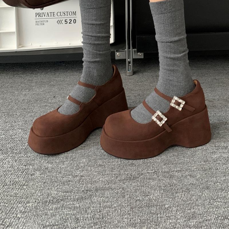 Fashion 2025 New Spring Platform Mary Jane Elegant Shoes Round Toe Crystal Belt Buckle Wedges Pumps Flat Platform Shoes