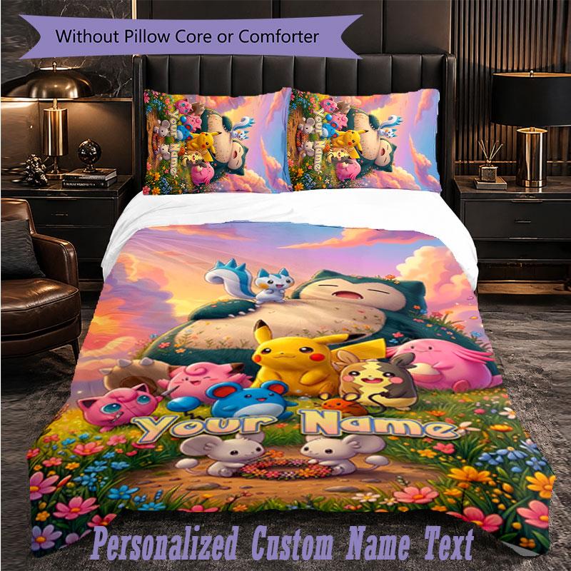Personalized 3Pcs Bedding SetPokémon Custom Text Duvet Cover Pillowcase Set Bedroom Gift