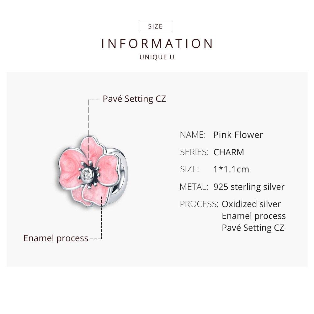 BAMOER Pink Flower CZ Metal 925 Sterling Silver Charm Stopper Bead pentru femei Brățară și brățară de marcă Bijuterii DIY