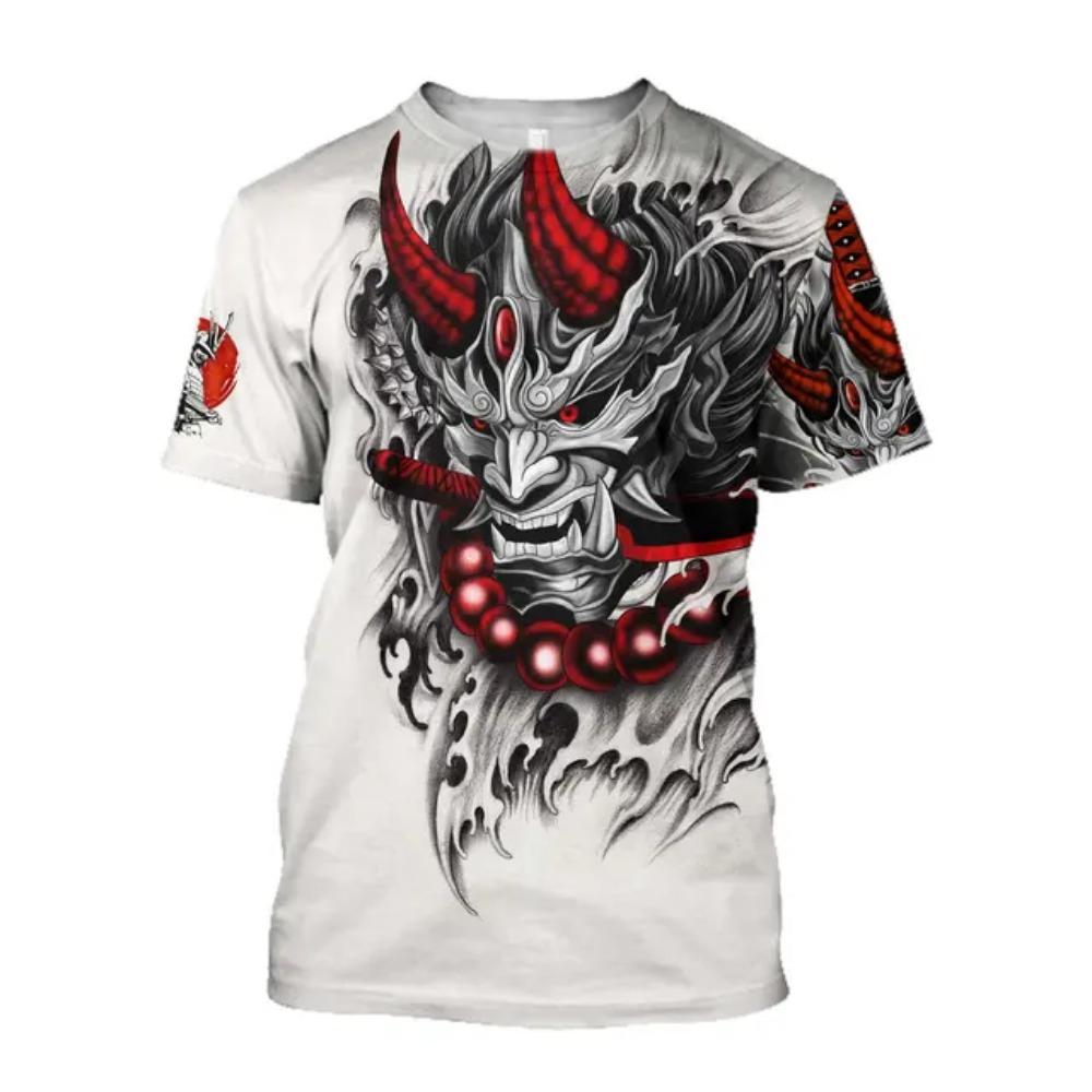 Japanese Harajuku Printing T Shirt For Men Fashion Samurai Mask Graphic T shirts Summer Leisure O-neck Pullover Oversized Tops
