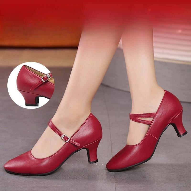 Latin Dance Shoes Women Medium Heel Soft Sole Ballroom Dance Shoes Red