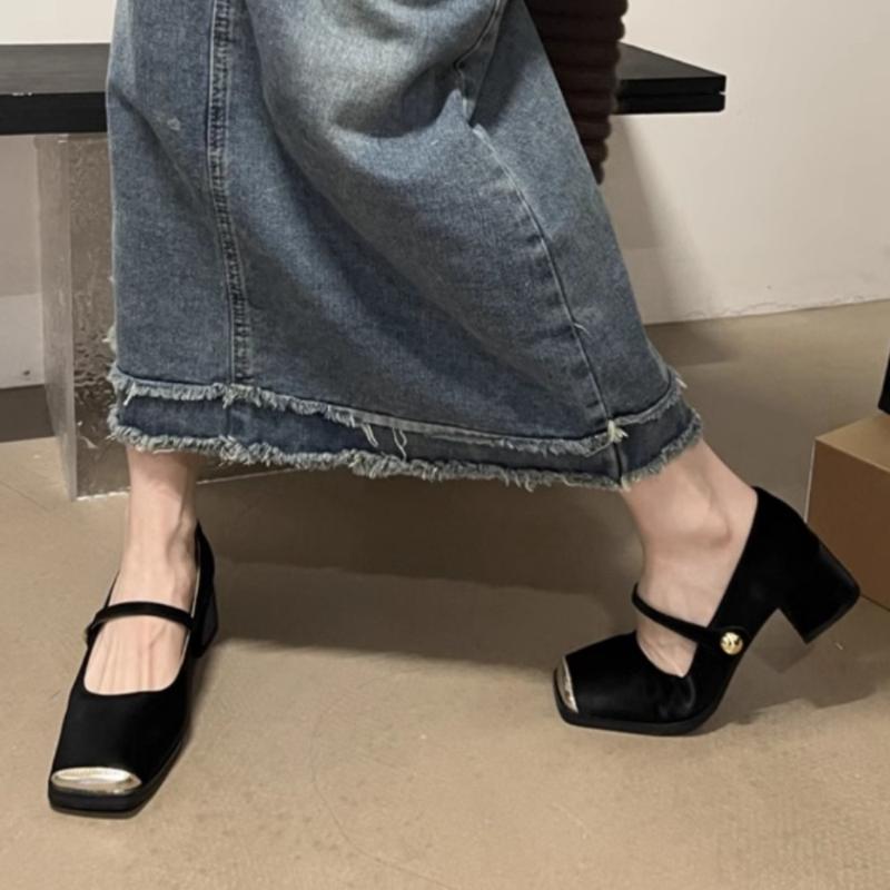 French Style Tweed Mary Jane Flats Women's Shoes 2024 New Spring Autumn Square Toe Black Evening Shoes Rubber Upper Material