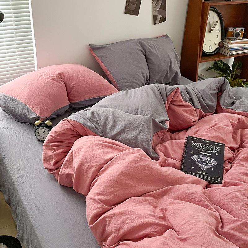 Super Soft Bed 4Pcs Set, Pure Washed Cotton Quilt Cover, Bed Sheet Full Quilt Cover, Bed Hat Student Three 4-Piece Set