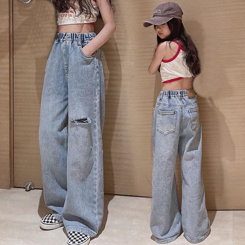 Teenage Girls' Jeans Spring Fall Casual Wide Leg Pants Loose Ripped Hole Kids Retro Pants School Children Trousers