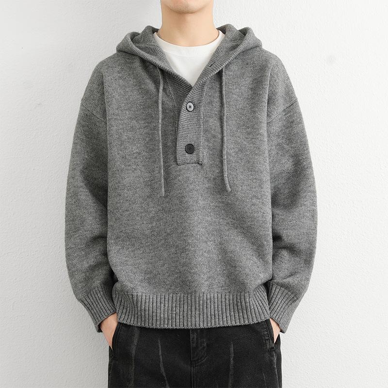 Men's Winter Heavyweight Hooded Knit Sweater - Solid Color Button Cardigan, Relaxed Fit, Urban Style.