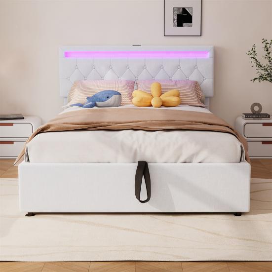 Sleeping Bed 140x200CM Platform with LED Ambient Light 24-Button Remote Control USB Type-C Charging Port Bedroom Double Modern White/Grey Large