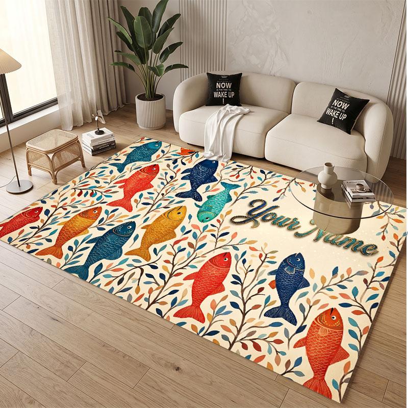 Fish Ocean Theme Soft Crystal Velvet Rug Custom Name & Text Print Non Slip Floor Rug for Bedroom Living Room