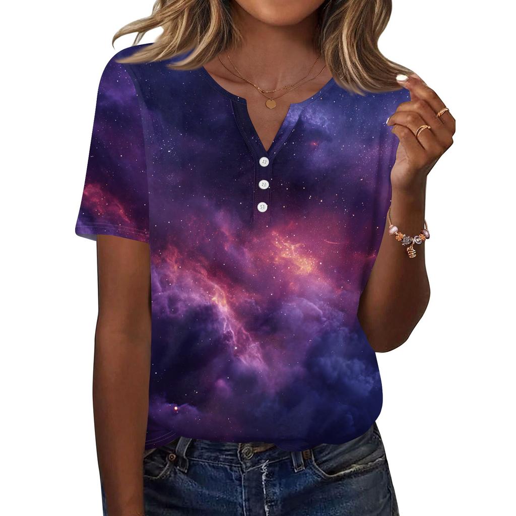 Women's T Shirt Print Button Short Sleeve Daily Weekend Fashion Basic V, Neck Regular Top