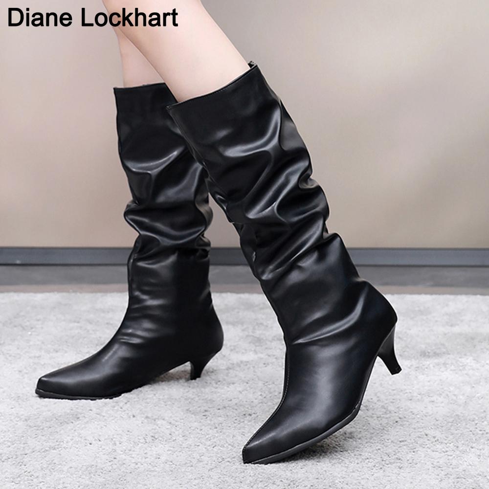 Fashion Sexy Women Pleated Half Boots Pointed Toe 5CM Stilettos Heels Slip on White Women's Mid-Calf Boots Womens Shoes 41 44 Dropshipp