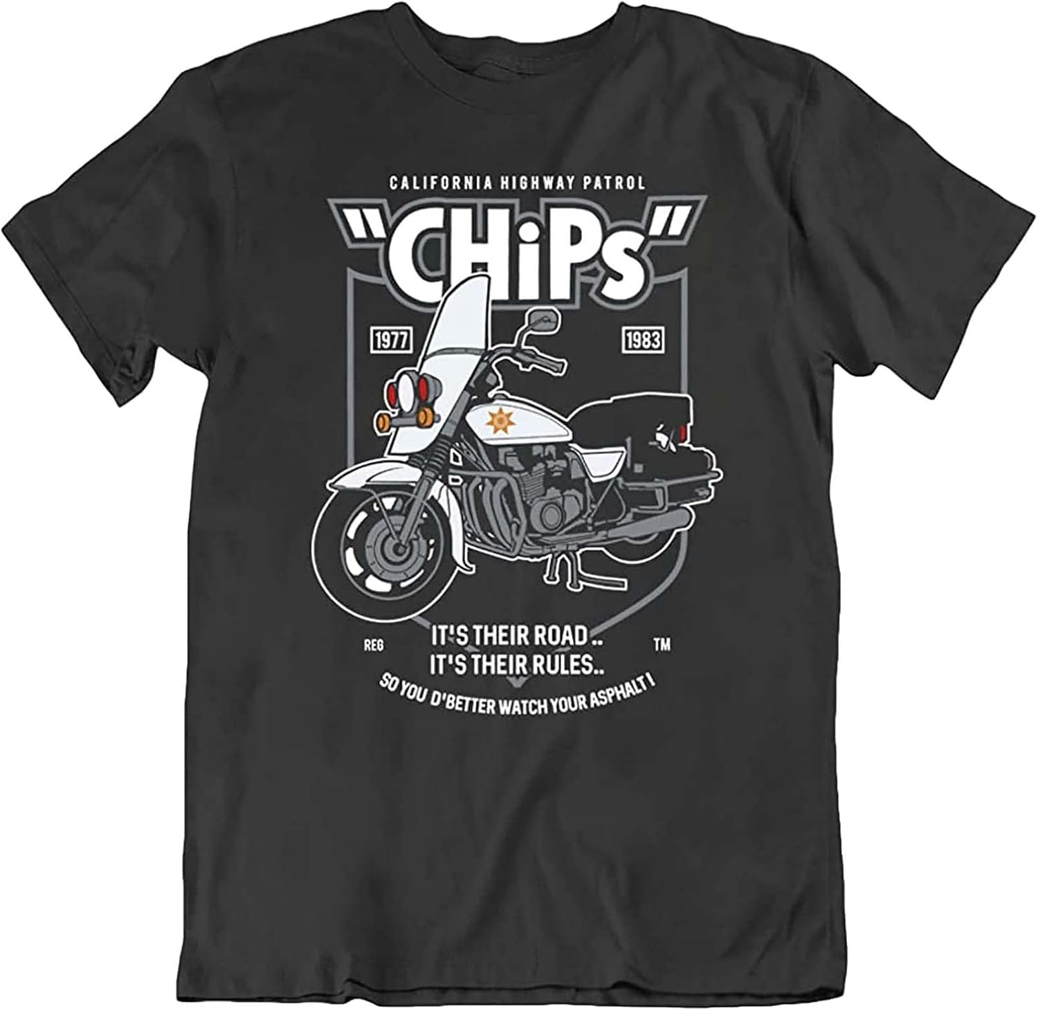 Police Motorcycle California Highway Patrol Road Retro TV Chips T Shirt Gift New XXL чёрный