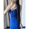 French Blue Dress Women's Summer Sexy V-neck Suspender Skirt Waist Thin A-shaped Long Dress Beautiful Long Skirt