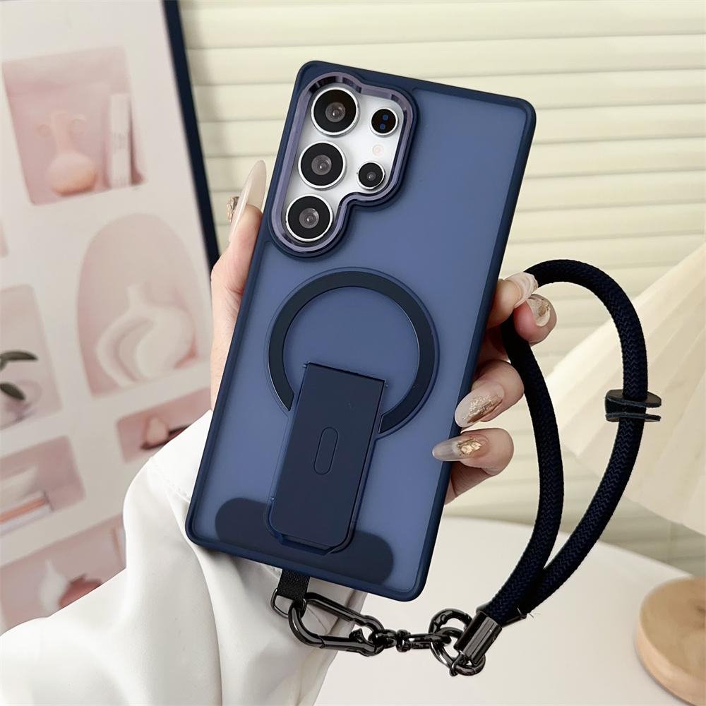 Matte Clear Stand Wrist Strap Lanyard Phone Case Samsung S25 S24 S23 S26 Ultra Plus S25 Edge For Magsafe Wireless Charge Cover