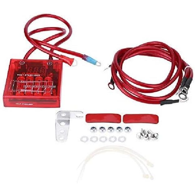Auto Alternator Voltage Regulator, 12V Digital Stabilizer Kit with 3 Ground Cables Universal Regulator for Car Truck Electrical System (Red