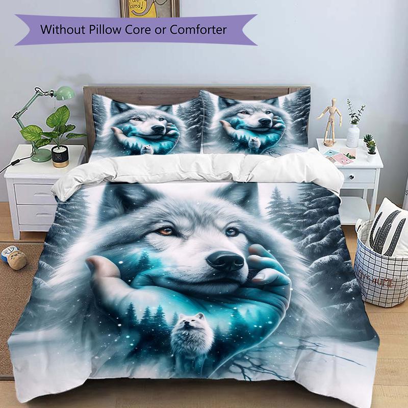 

3pcs Wolf amidst Snowy Forests Bedding Set - 1 Soft Quilt Cover + 2 Pillowcases, Machine Washable - Suitable 135x200cm
