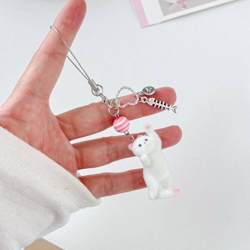 Lovely Cats Flock Design Soft Resin Keychain Phone Charm for Keys Stylish Sturdy Accessory