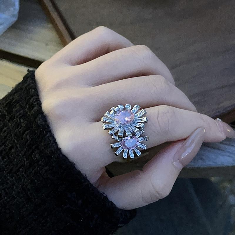 Heavy Industry Zirconium Flower Ring Exquisite Light Luxury Simulation Pink Gem Double Flower Color Treasure Open Ring Female