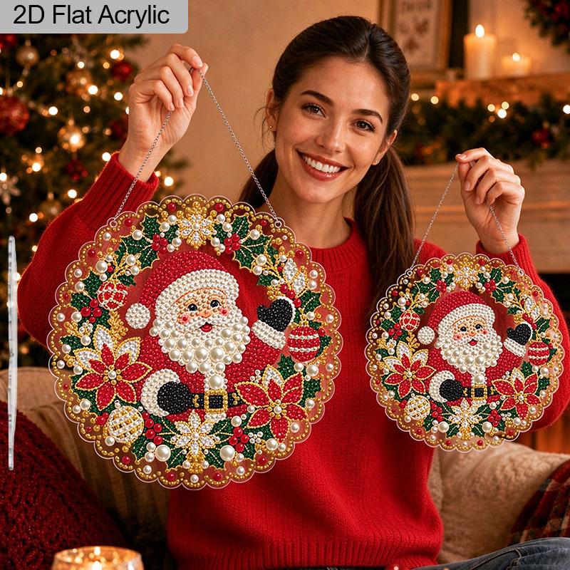 Christmas Acrylic Santa Wreath Pearl Painting Suncatcher,9.72/7.76In,DIY Ornament,Xmas Window Tree Wall Decor & Craft Gift