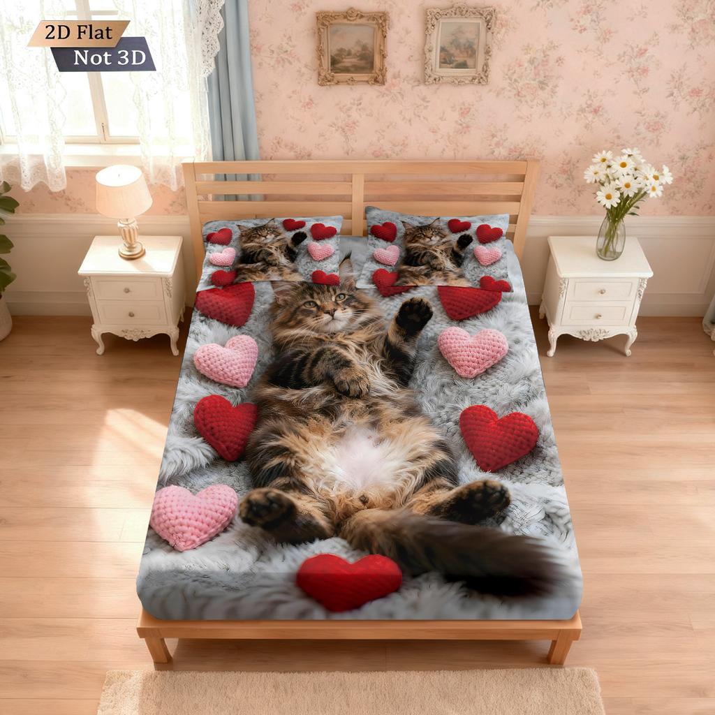 3pcs Valentine's Day Romantic Love Cute Cat Printed Chipless Bed Sheet Set Multi Size Bedroom Bed Cover Holiday Decoration