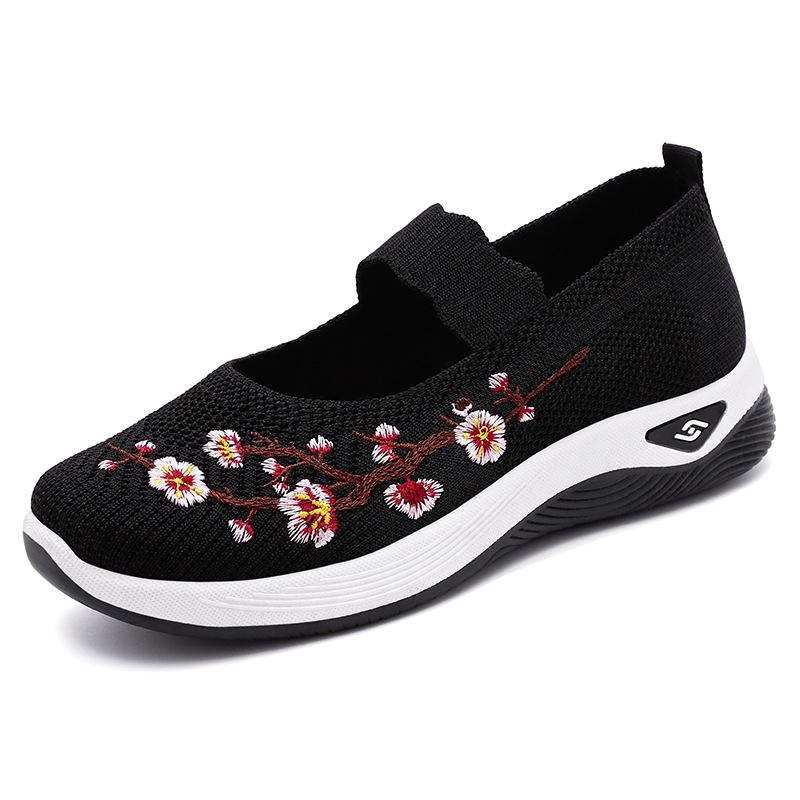 Women's Versatile Flyknit Mesh Slip-On Shoes - Embroidery Print, Lightweight & Casual