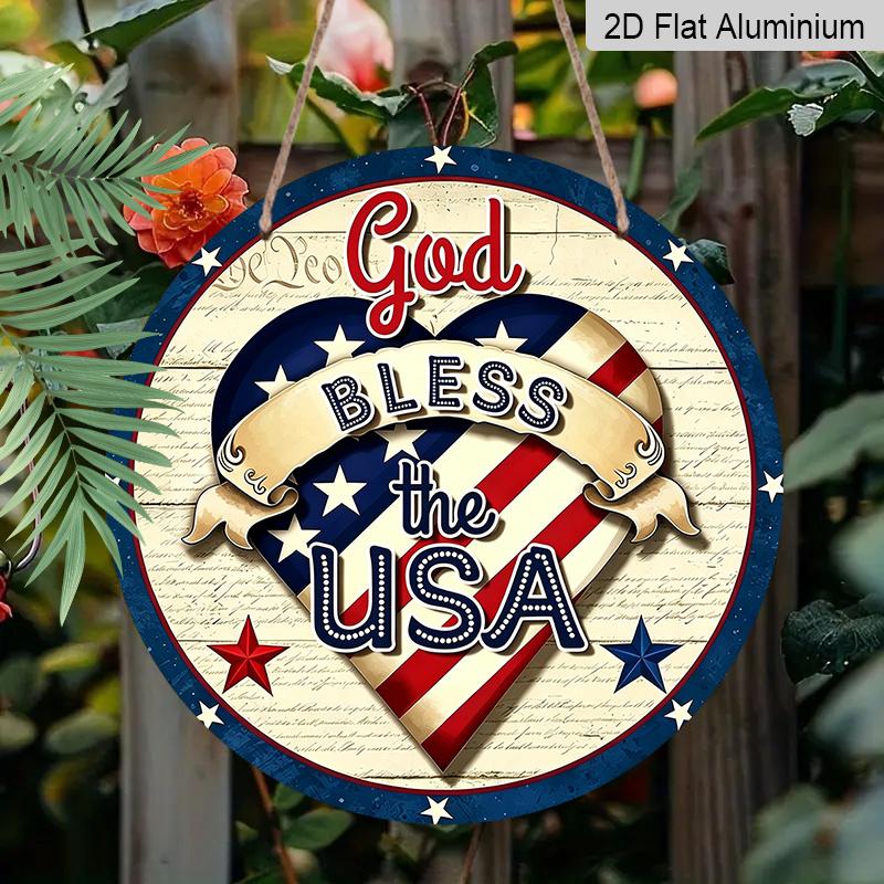 2D Flat Retro Round Aluminum Wall Hanging, Independence Day Heart Flag Design, Indoor Outdoor Wall Decor, Commemorative Gift for Home Bar Cafe