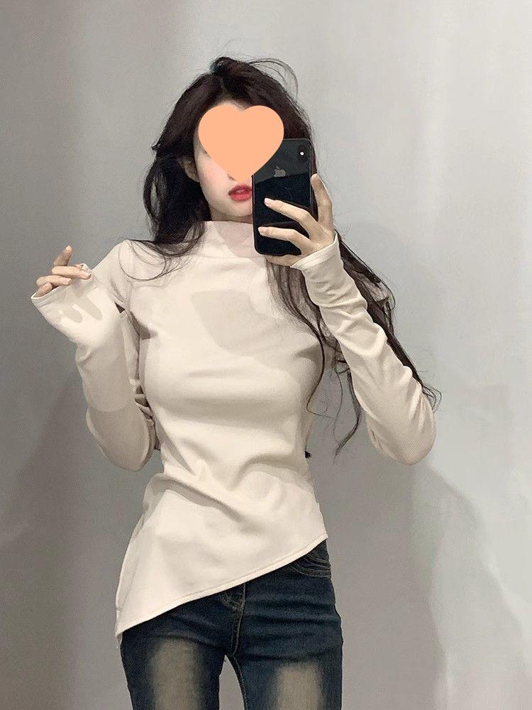 Women's Off-Shoulder Slim Fit Brushed Turtleneck Long Sleeve Top for Autumn/Winter