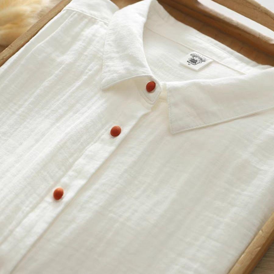 Women's Long-Sleeve Double-Layer Cotton Gauze Shirt with Colored Buttons and Turn-Down Collar for Spring and Autumn
