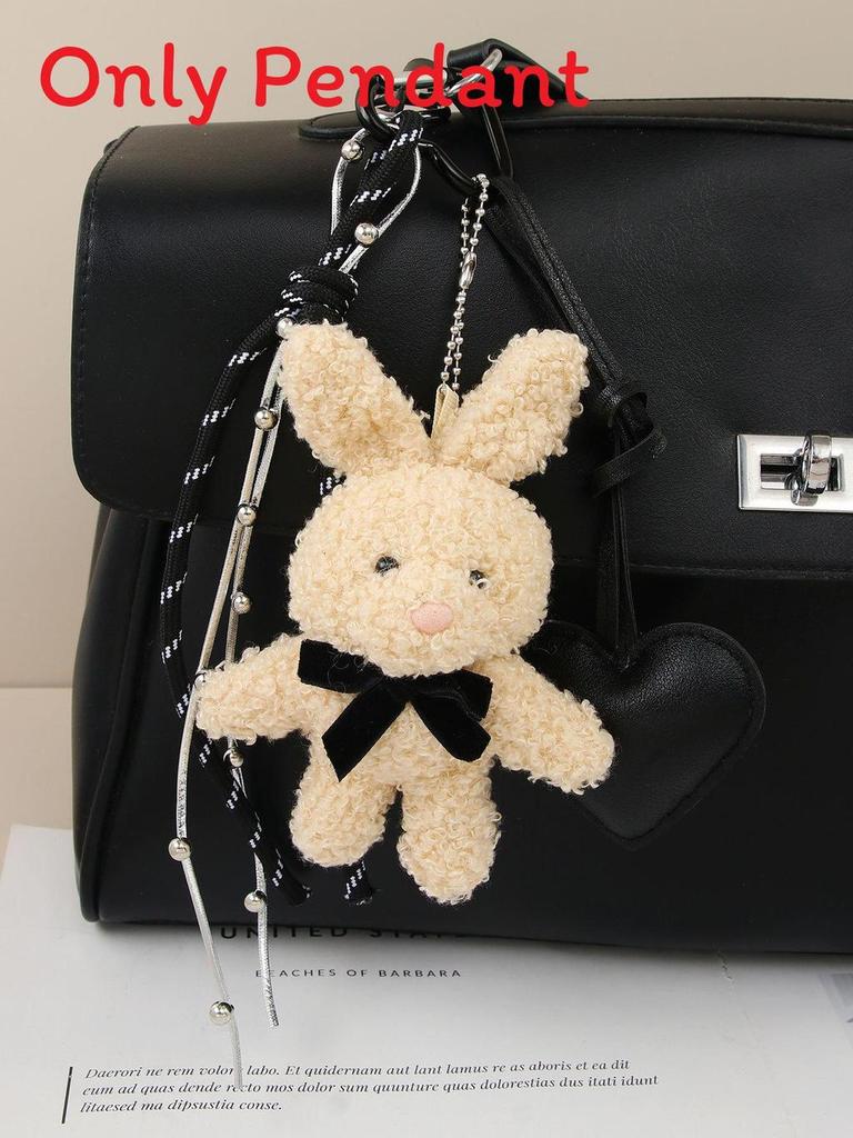 Miu Plush Bunny Bag Charm With Leather Heart Keychain For Cute Handbag Decor