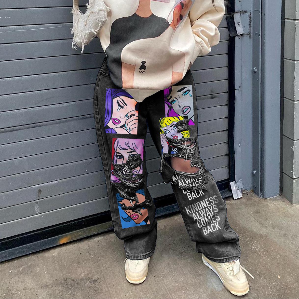 

Джинсы High Street в американском стиле в стиле ретро с принтами и потертостями, минималистичные повседневные брюки для женщин, широкие + брюки + джем