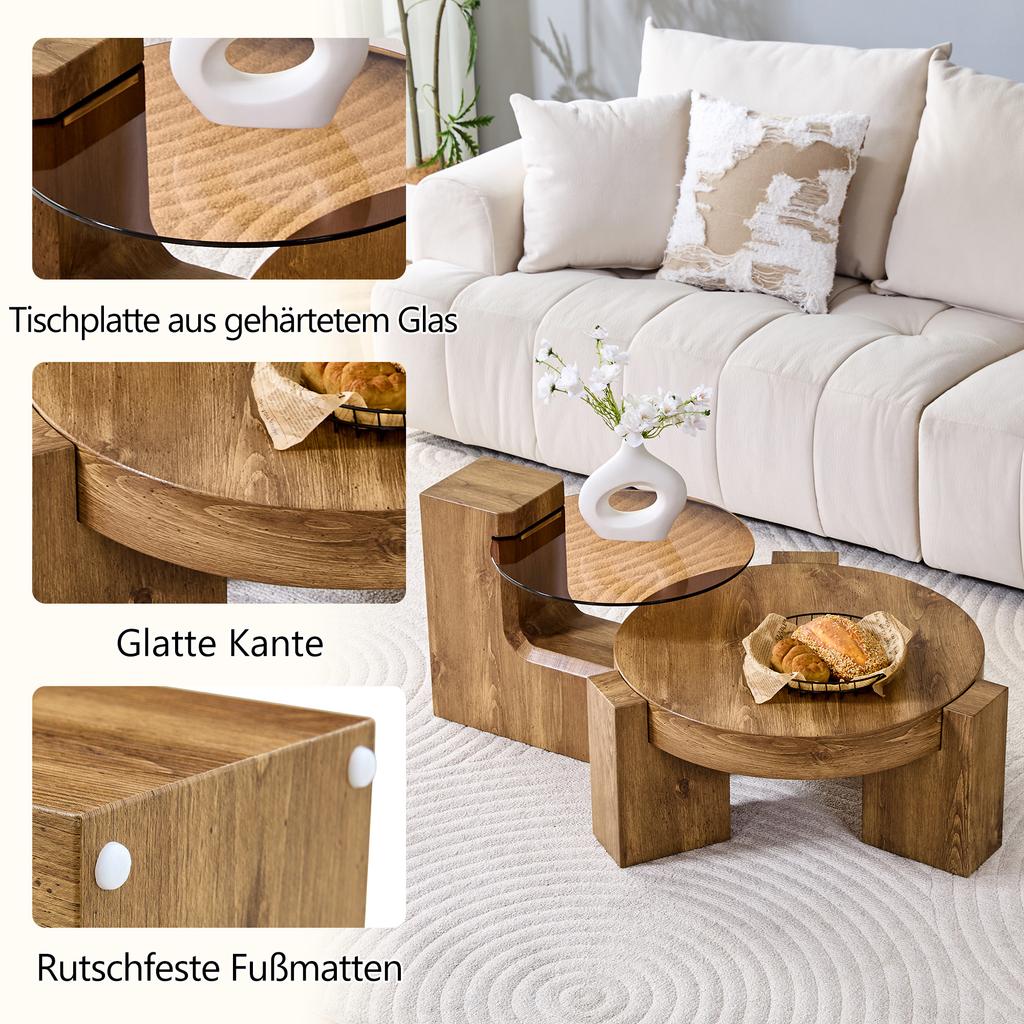 [Separable Coffee Table Set] MDF Wood-Look + 0.6 Cm Brown-Tinted Safety Glass - Combined As a Coffee Table / Split Into Two Side Tables.