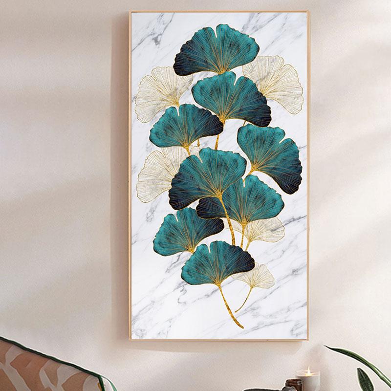 Verde, auriu, frunze de plante, poster abstract, imprimare canvas nordic, pictură de artă de perete, imagine modernă, decorare intrare pentru sufragerie