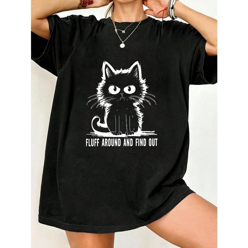 

Black Oversized T-Shirt With Cat Graphic And Fluff Around And Find Out Text For Casual Wear XXXXL чёрный