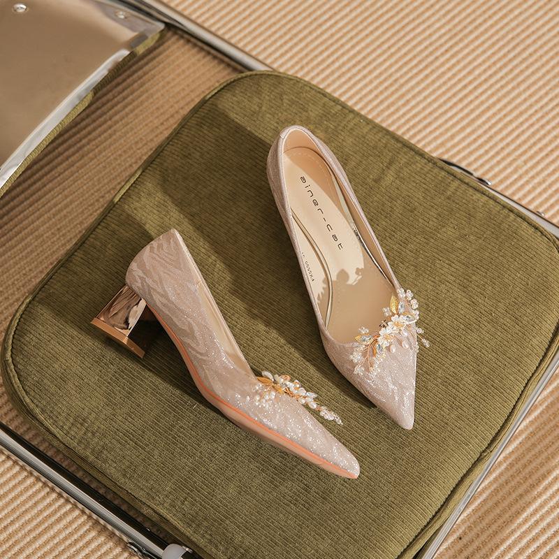 

550-3 high heels women s 2025 spring new crystal wedding shoes versatile pointed thick heel removable buckle single shoes 34