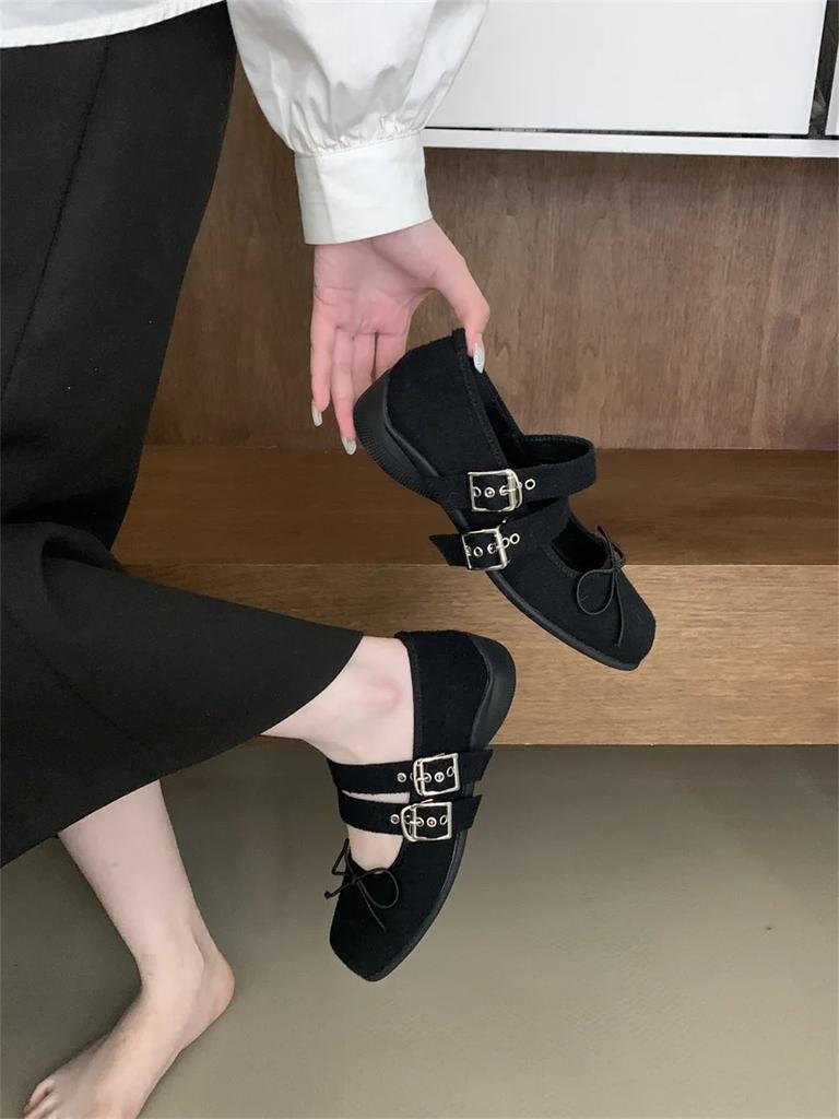 Fashion IPPEUM Velvet Mary Janes Shoes Women Ballet Flats Square Toe Rose Red Buckle Ballerinas Zapatos Mujer