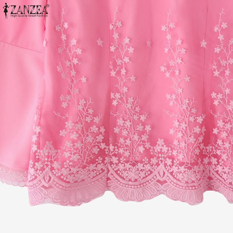 ZANZEA Women Casual Embroidery Mesh Patchwork Loose 3/4 Sleeve Blouse