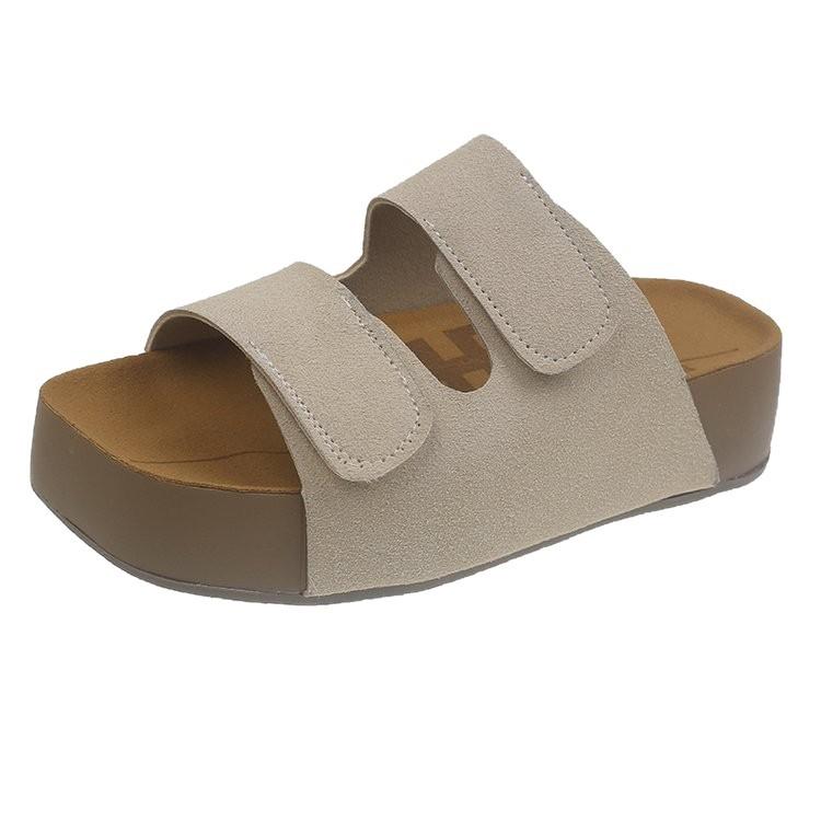 Thick-cut Toast Boken Tow Summer 2025 New Leather Comfortable Soft Non-slip Double-belt Velcro Slippers