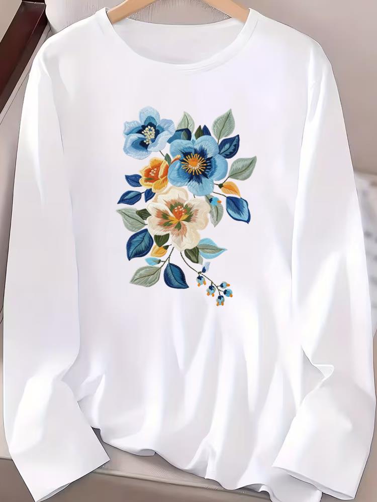 (Asian Size) Long Sleeve T-shirts Casual Clothing Women butterfly cute o-neck Print T Shirt autumn winter spring Fashion Top Graphic Tee