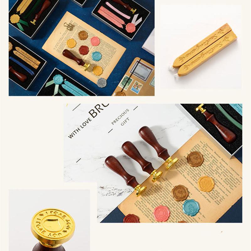 1 Set Creative Wax Seal Set DIY Handmade Ribbon Envelope Gift Seal Vintage Wooden Invitation Letter Seal Wedding Stamp Gift