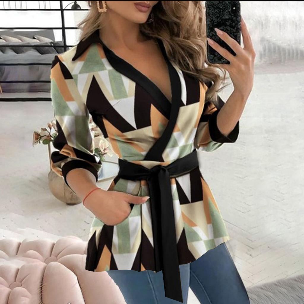 Danmo Vår Høst Elegant Dame Langermet V-hals Beltestropp Skjorte Pluss Størrelse