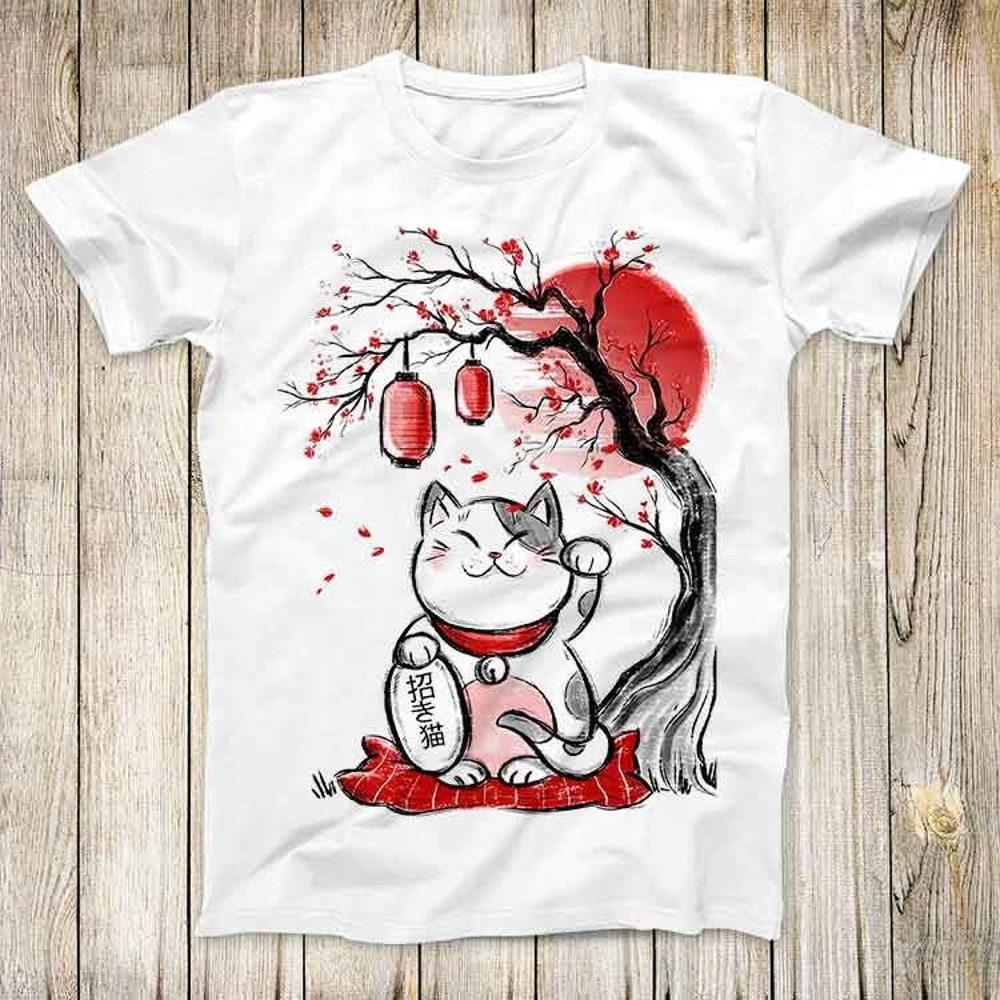 

Футболка из 100% хлопка плотностью 230 г/м2 с рисунком дерева Maneki Neko, лучший милый подарок, мужская женская футболка унисекс 3067 XS белый