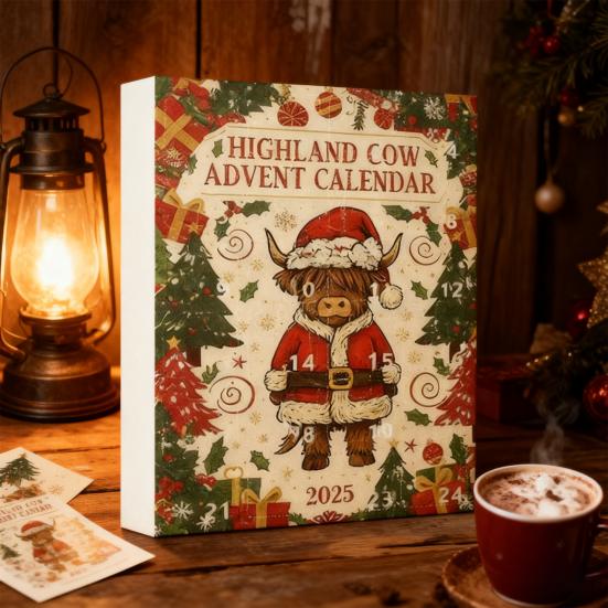 Highland Cow Christmas Advent Calendar 2025 24 Day Countdown Box Acrylic Hanging Decor