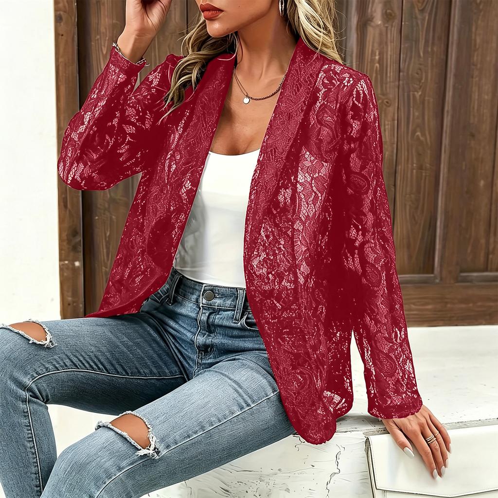 Women Lace Sleeve Open Front Blazer Casual Long Sleeve Lightweight Cardigan Jacket for Office and Daily Wear