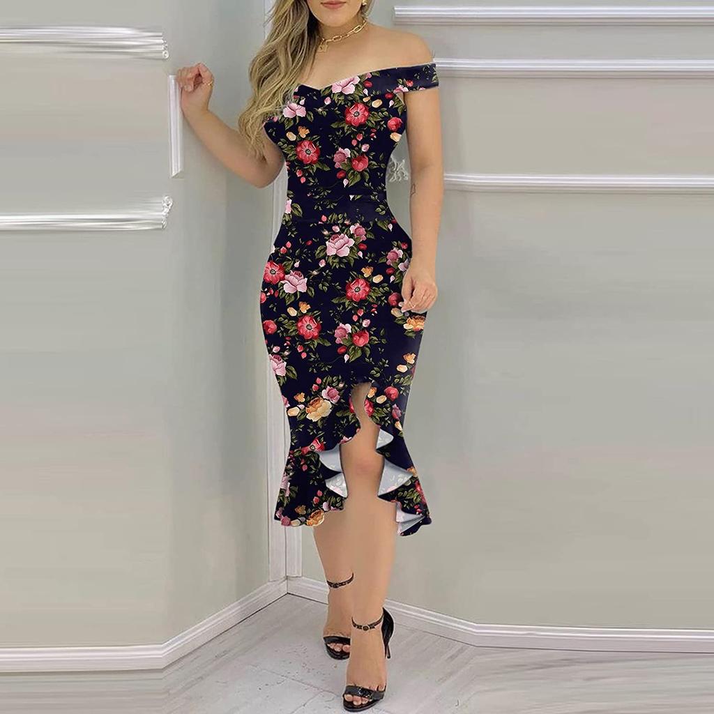 Fashion Women's Loose Sexy Prints One Shoulder Irregular  Ruffle Hip Dress