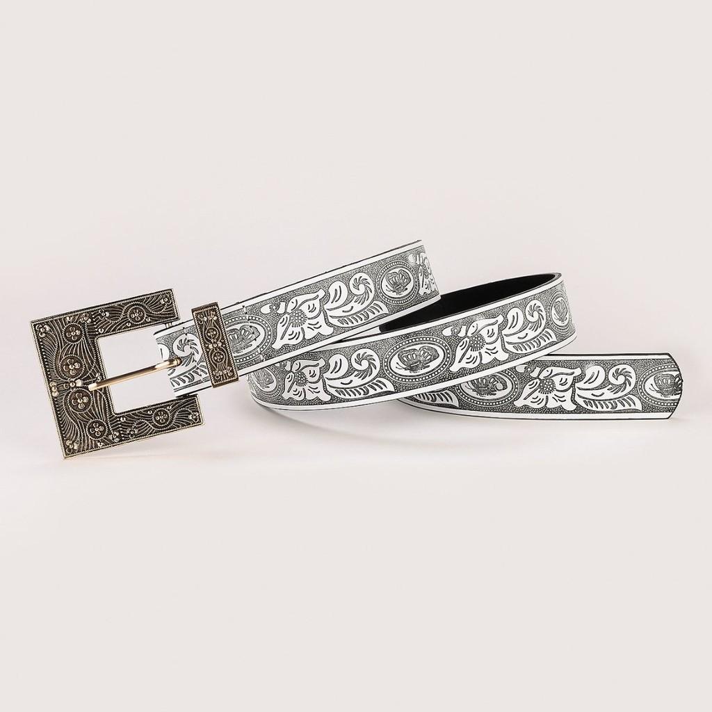 Vintage National Style Embossed Metal Buckle Floral Pu Leather Belt For Jeans