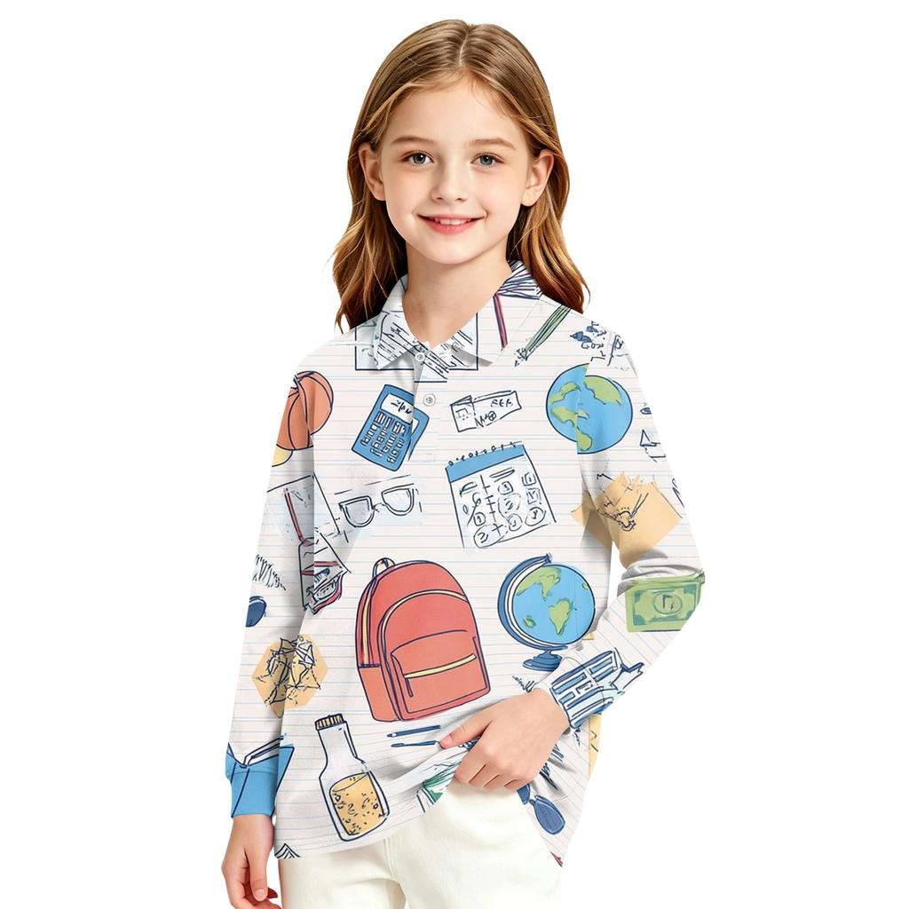 Girls School Uniform Long Sleeve T-Shirt with Back to School Print for and Casual Wear